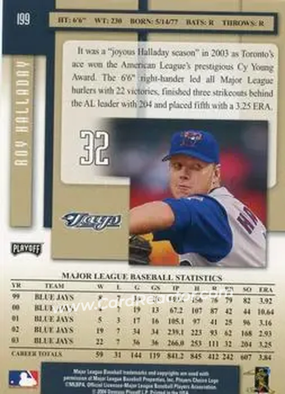 2004 Playoff Prestige #199 - Roy Halladay - Toronto Blue Jays - Back 2004 Playoff Prestige #199 - Roy Halladay - Toronto Blue Jays - Back