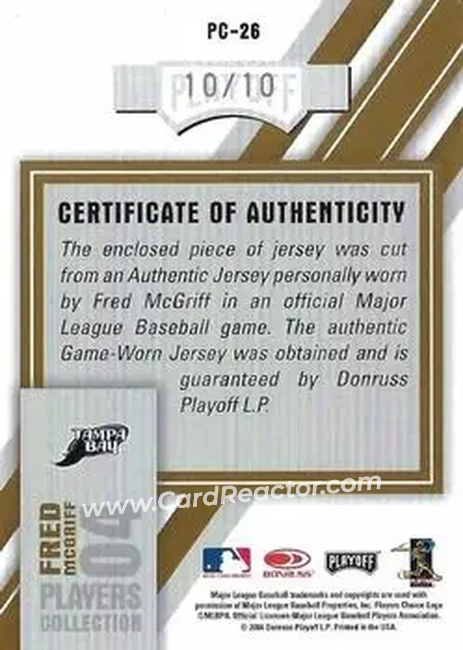 2004 Playoff Honors - Players Collection Jersey Gold #PC-26 - Fred McGriff - Tampa Bay Devil Rays - Back 2004 Playoff Honors - Players Collection Jersey Gold #PC-26 - Fred McGriff - Tampa Bay Devil Rays - Back