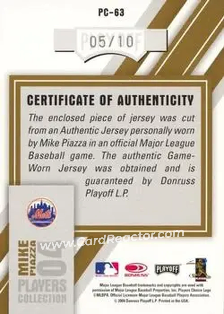 2004 Playoff Honors - Players Collection Jersey Gold #PC-63 - Mike Piazza - New York Mets - Back