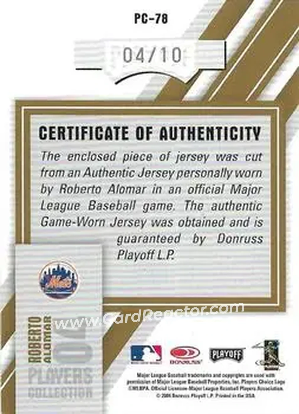 2004 Playoff Honors - Players Collection Jersey Gold #PC-78 - Roberto Alomar - New York Mets - Back