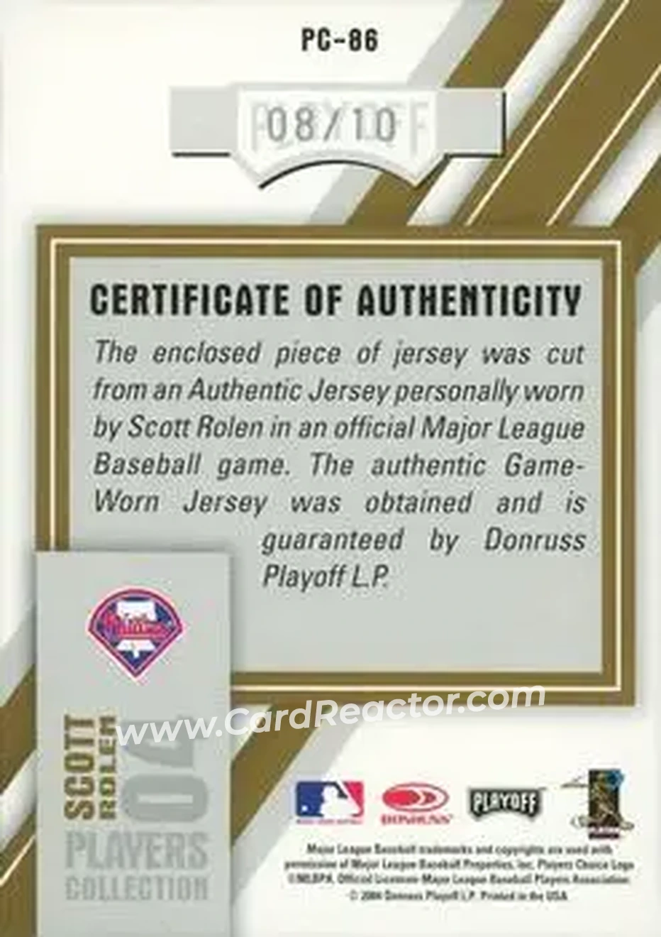 2004 Playoff Honors - Players Collection Jersey Gold #PC-86 - Scott Rolen - Philadelphia Phillies - Back