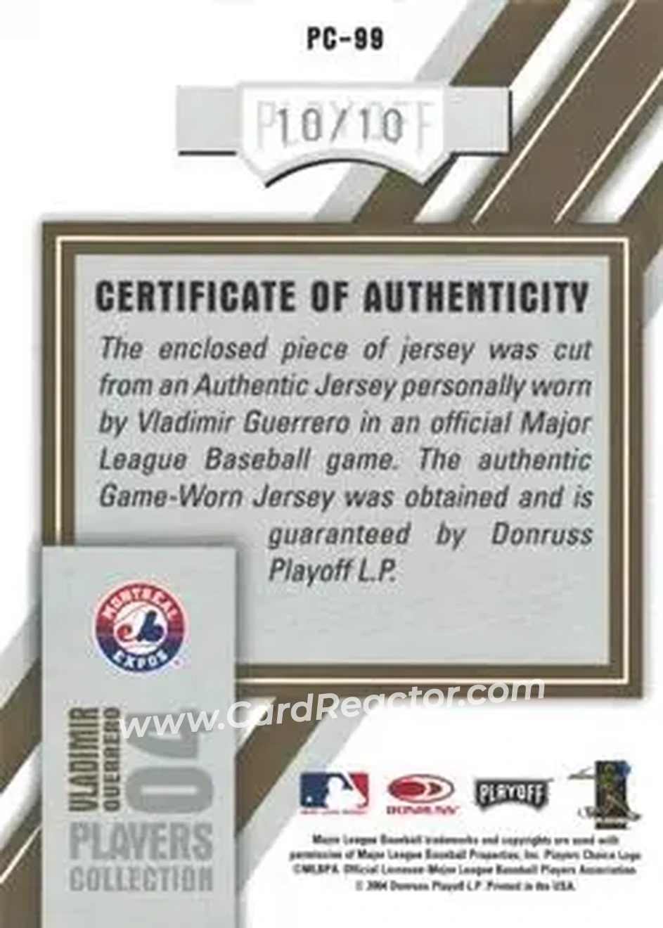 2004 Playoff Honors - Players Collection Jersey Gold #PC-99 - Vladimir Guerrero - Montreal Expos - Back