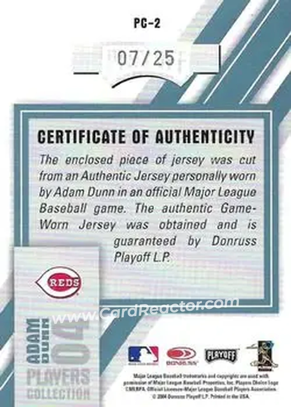 2004 Playoff Honors - Players Collection Jersey Platinum #PC-2 - Adam Dunn - Cincinnati Reds - Back