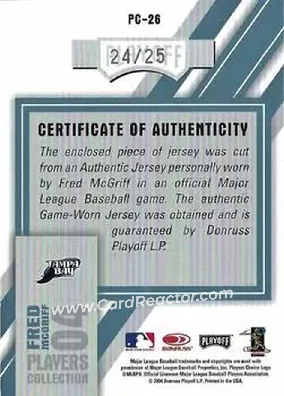 2004 Playoff Honors - Players Collection Jersey Platinum #PC-26 - Fred McGriff - Tampa Bay Devil Rays - Back 2004 Playoff Honors - Players Collection Jersey Platinum #PC-26 - Fred McGriff - Tampa Bay Devil Rays - Back