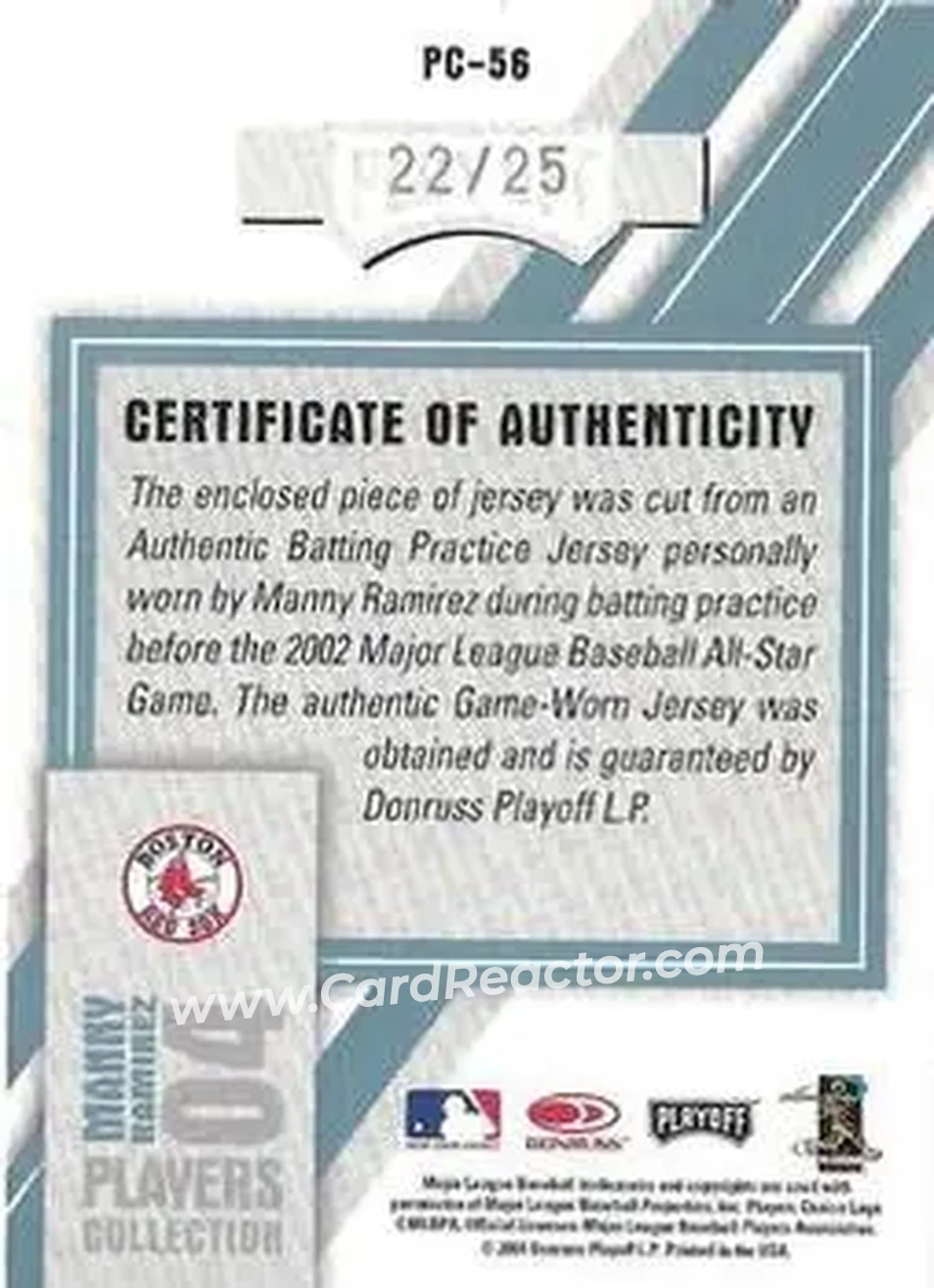 2004 Playoff Honors - Players Collection Jersey Platinum #PC-56 - Manny Ramirez - Boston Red Sox - Back