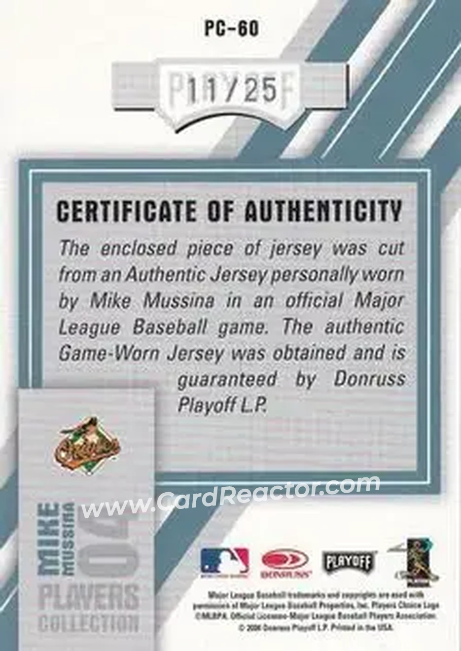 2004 Playoff Honors - Players Collection Jersey Platinum #PC-60 - Mike Mussina - Baltimore Orioles - Back