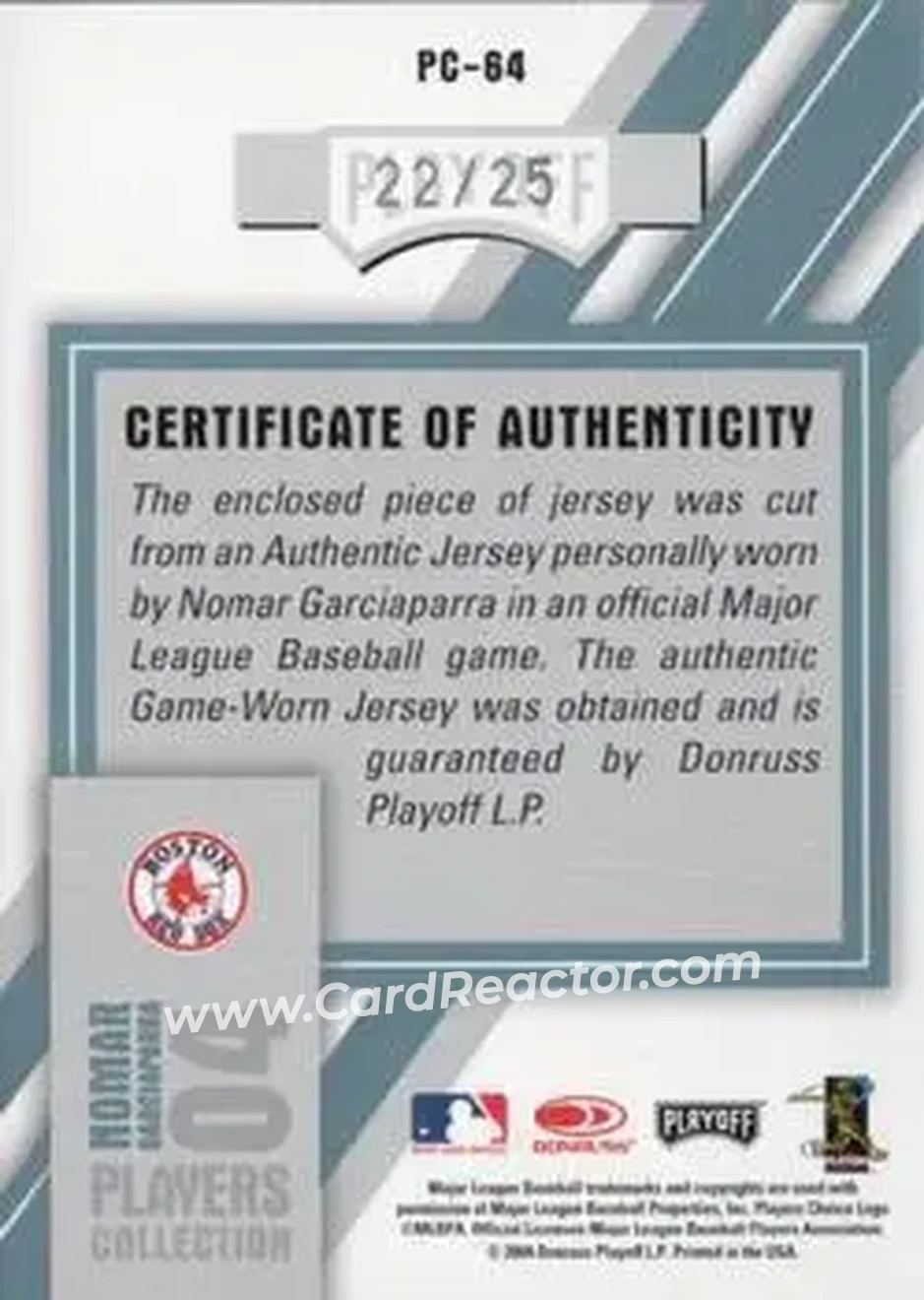 2004 Playoff Honors - Players Collection Jersey Platinum #PC-64 - Nomar Garciaparra - Boston Red Sox - Back