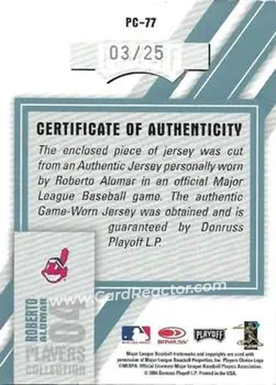 2004 Playoff Honors - Players Collection Jersey Platinum #PC-77 - Roberto Alomar - Cleveland Indians - Back