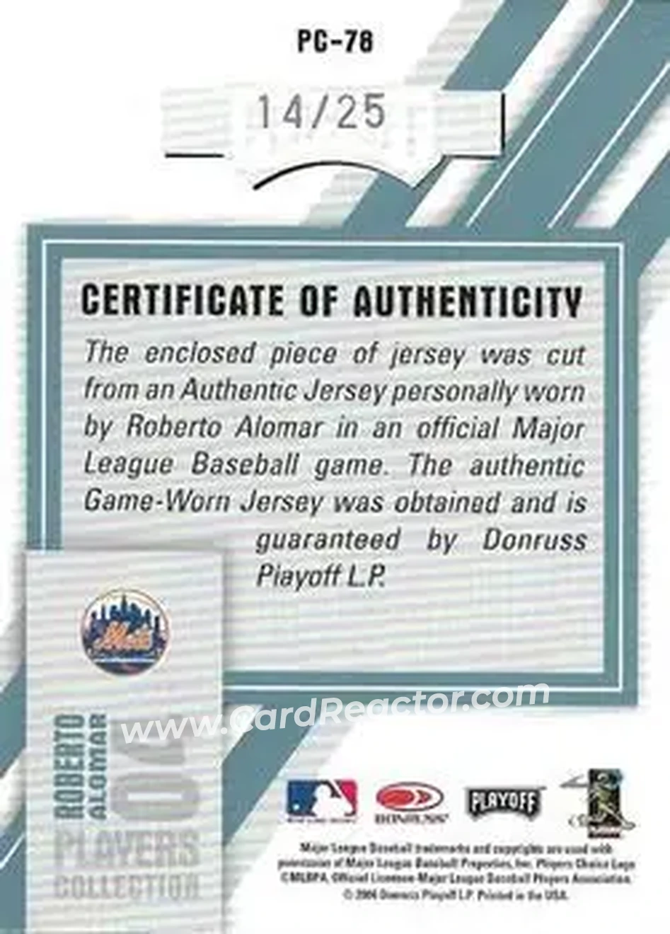 2004 Playoff Honors - Players Collection Jersey Platinum #PC-78 - Roberto Alomar - New York Mets - Back 2004 Playoff Honors - Players Collection Jersey Platinum #PC-78 - Roberto Alomar - New York Mets - Back