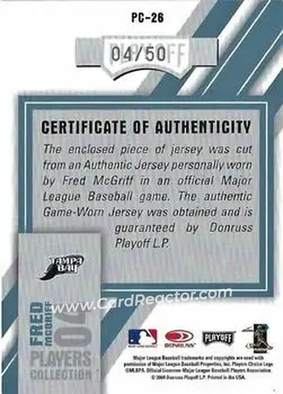 2004 Playoff Honors - Players Collection Jersey Platinum Number #PC-26 - Fred McGriff - Tampa Bay Devil Rays - Back