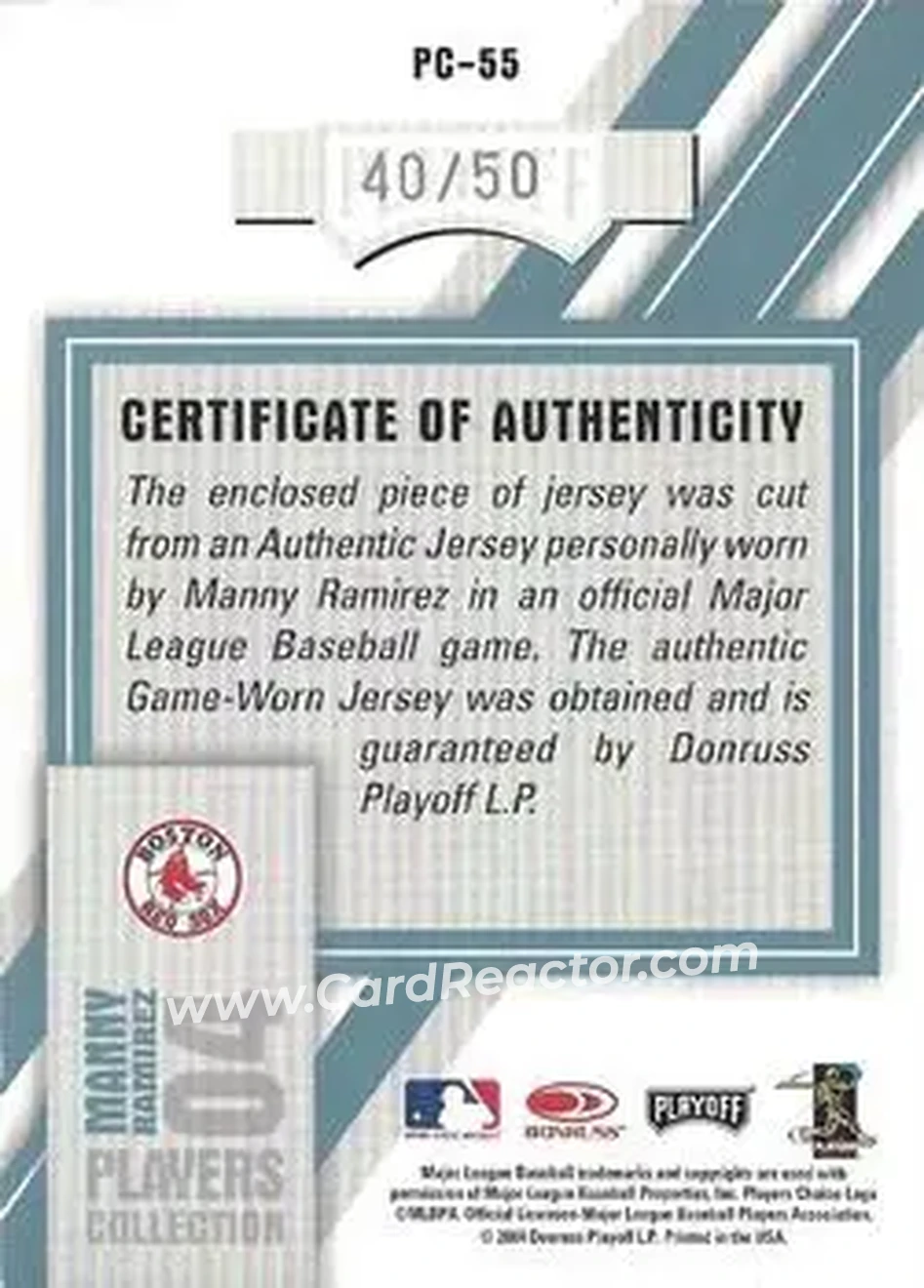 2004 Playoff Honors - Players Collection Jersey Platinum Number #PC-55 - Manny Ramirez - Boston Red Sox - Back