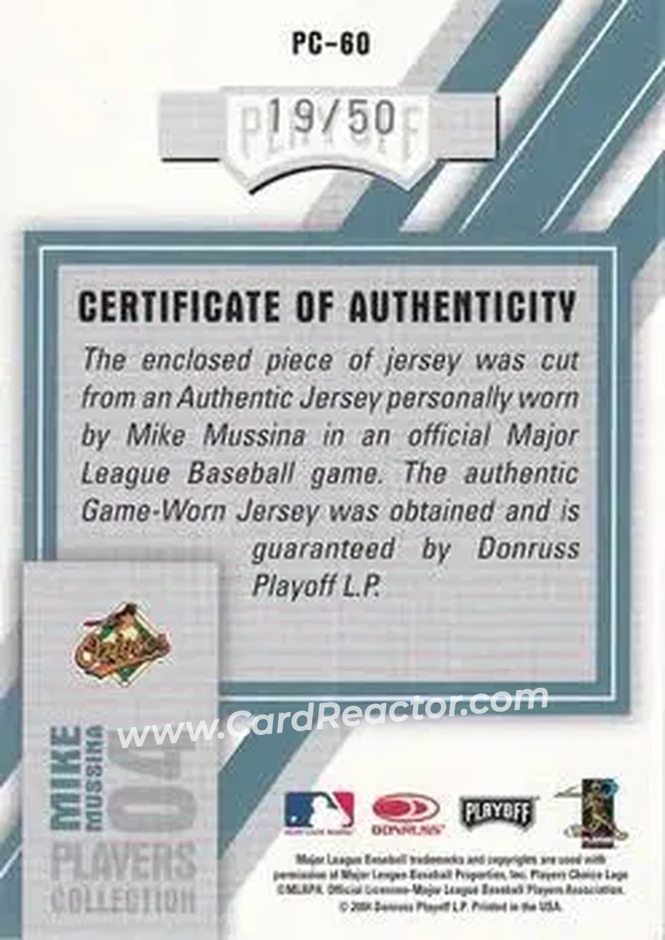 2004 Playoff Honors - Players Collection Jersey Platinum Number #PC-60 - Mike Mussina - Baltimore Orioles - Back