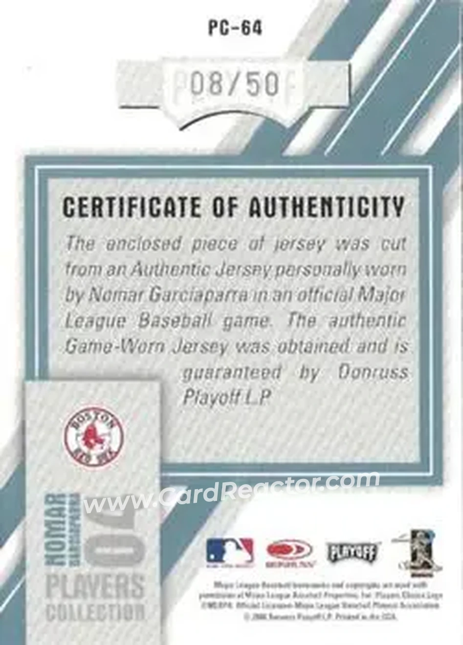 2004 Playoff Honors - Players Collection Jersey Platinum Number #PC-64 - Nomar Garciaparra - Boston Red Sox - Back