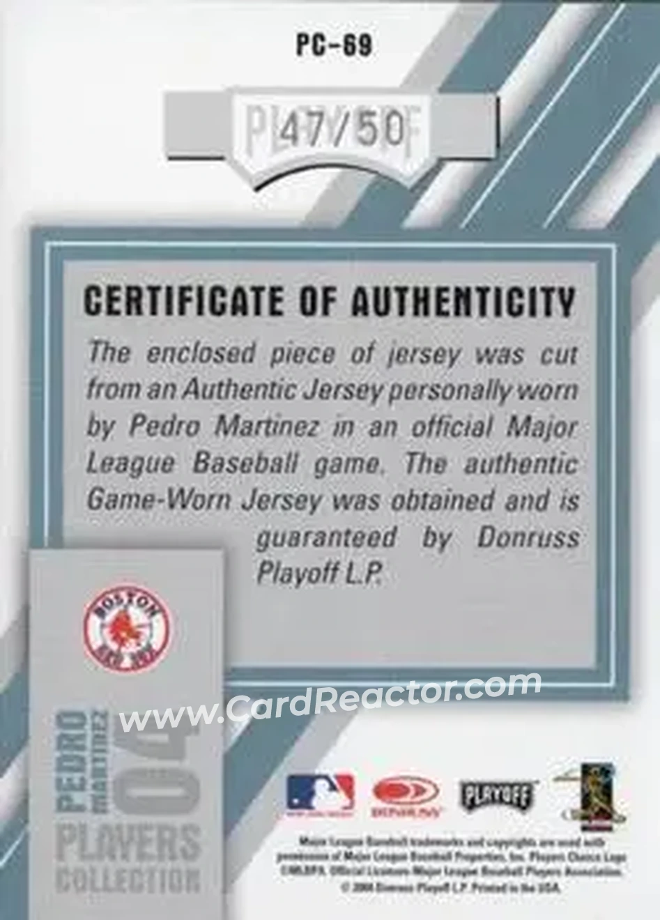 2004 Playoff Honors - Players Collection Jersey Platinum Number #PC-69 - Pedro Martinez - Boston Red Sox - Back