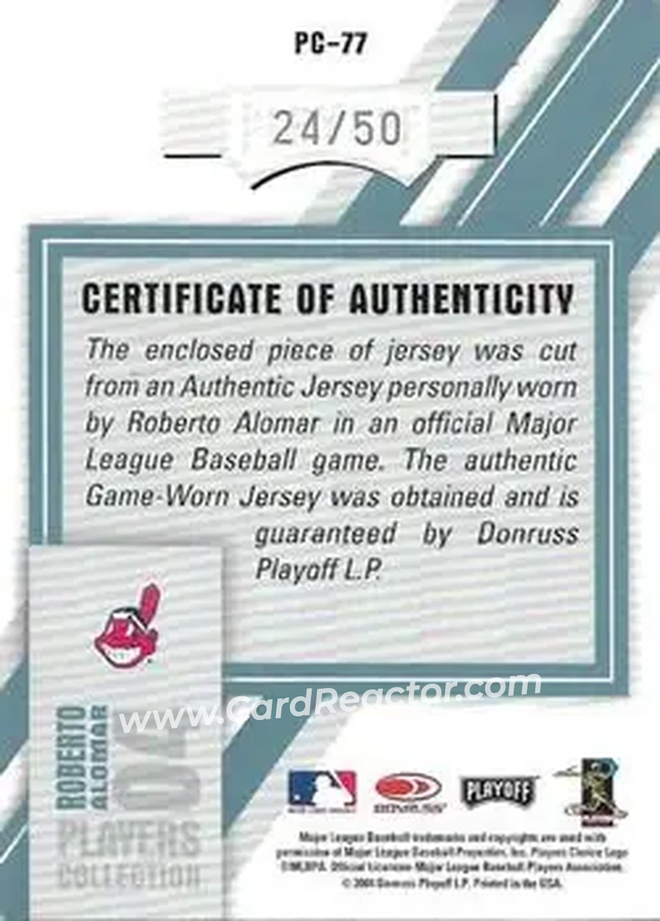2004 Playoff Honors - Players Collection Jersey Platinum Number #PC-77 - Roberto Alomar - Cleveland Indians - Back
