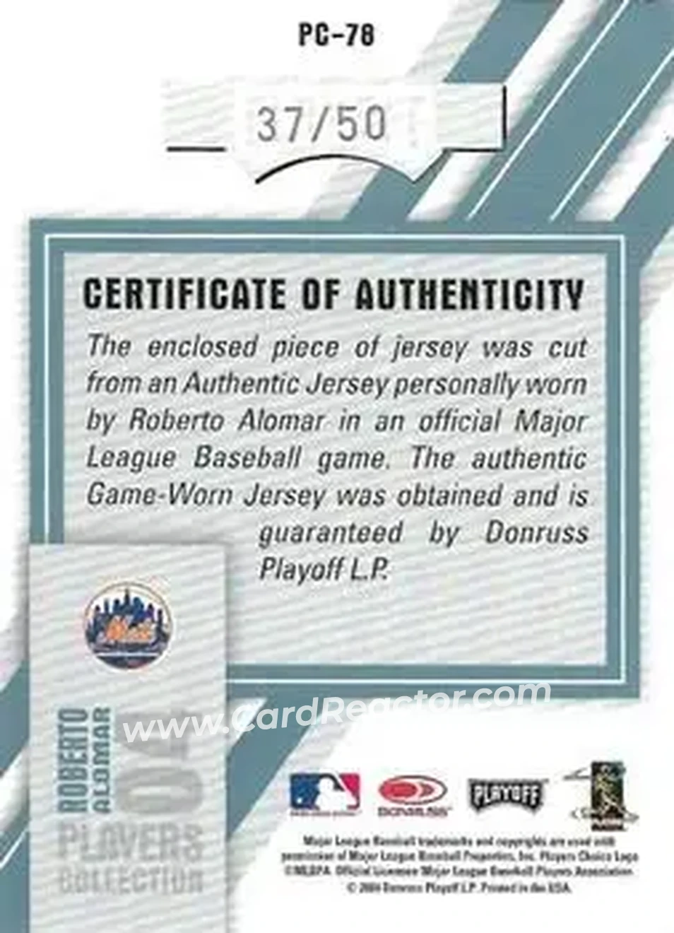 2004 Playoff Honors - Players Collection Jersey Platinum Number #PC-78 - Roberto Alomar - New York Mets - Back