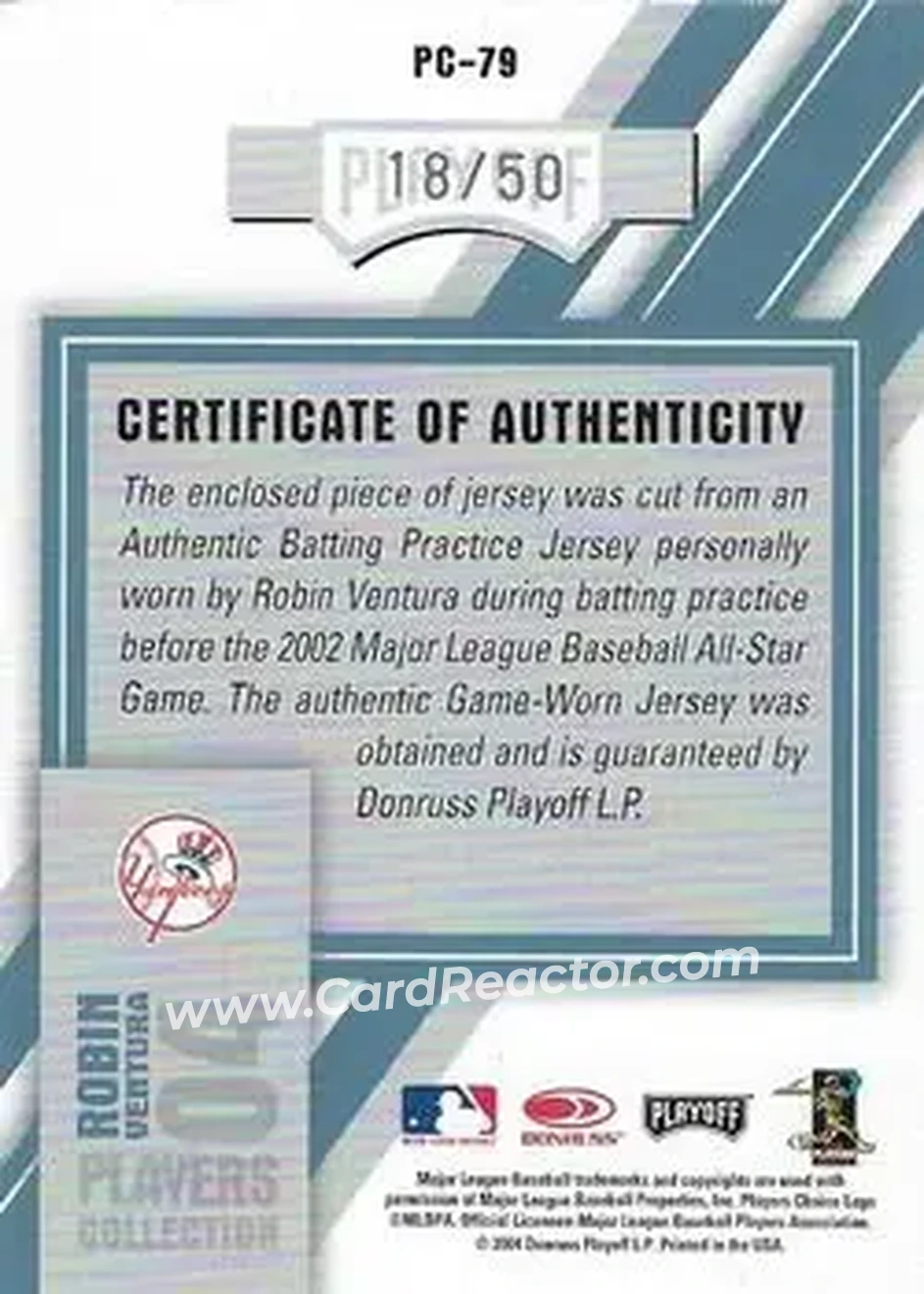 2004 Playoff Honors - Players Collection Jersey Platinum Number #PC-79 - Robin Ventura - New York Yankees - Back