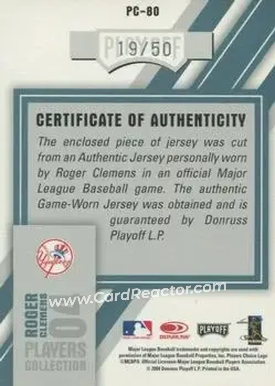 2004 Playoff Honors - Players Collection Jersey Platinum Number #PC-80 - Roger Clemens - New York Yankees - Back