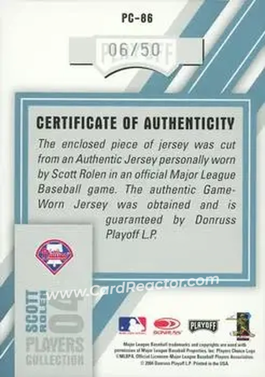 2004 Playoff Honors - Players Collection Jersey Platinum Number #PC-86 - Scott Rolen - Philadelphia Phillies - Back