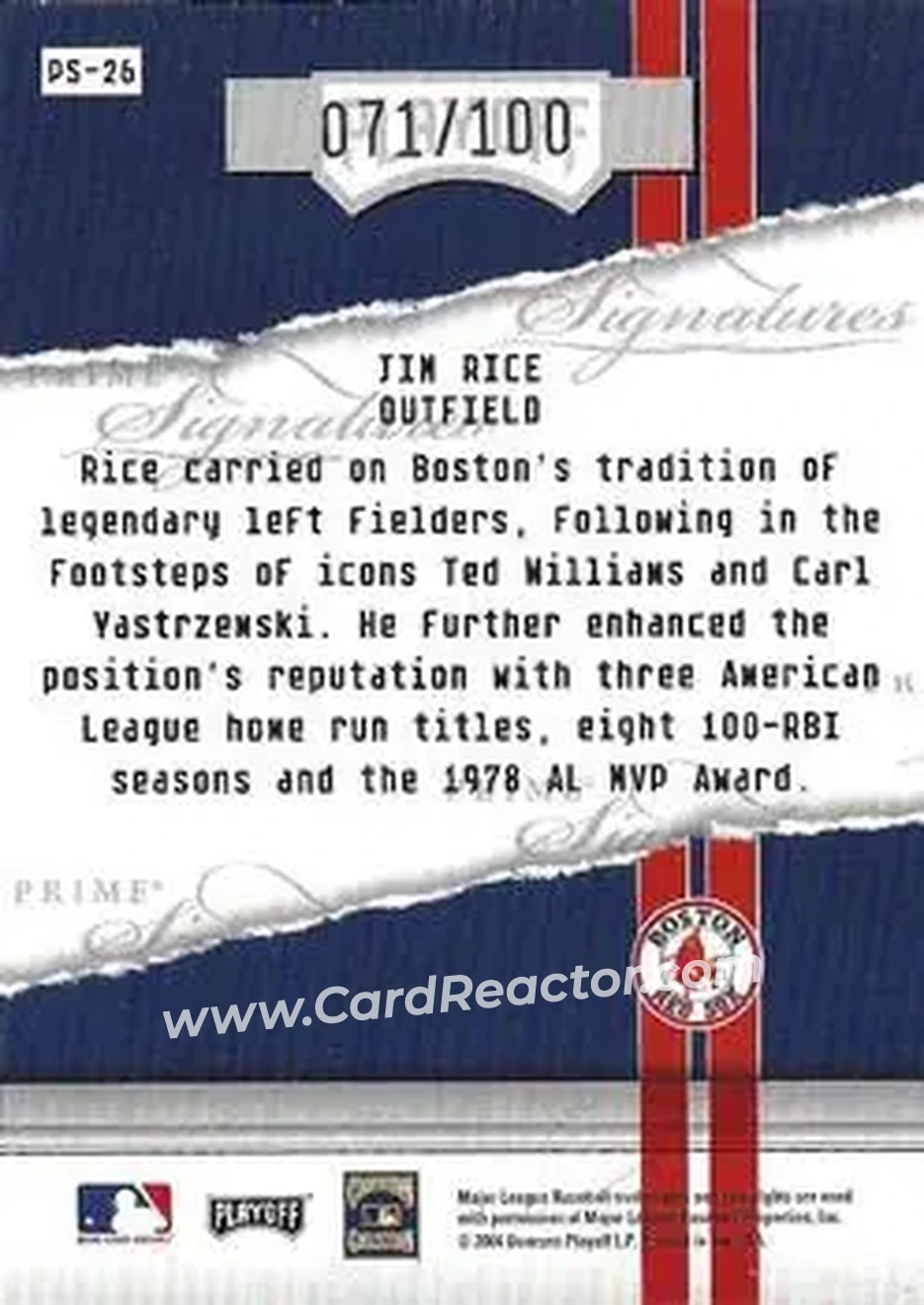 2004 Playoff Honors - Prime Signature Autograph #PS-26 - Jim Rice - Boston Red Sox - Back