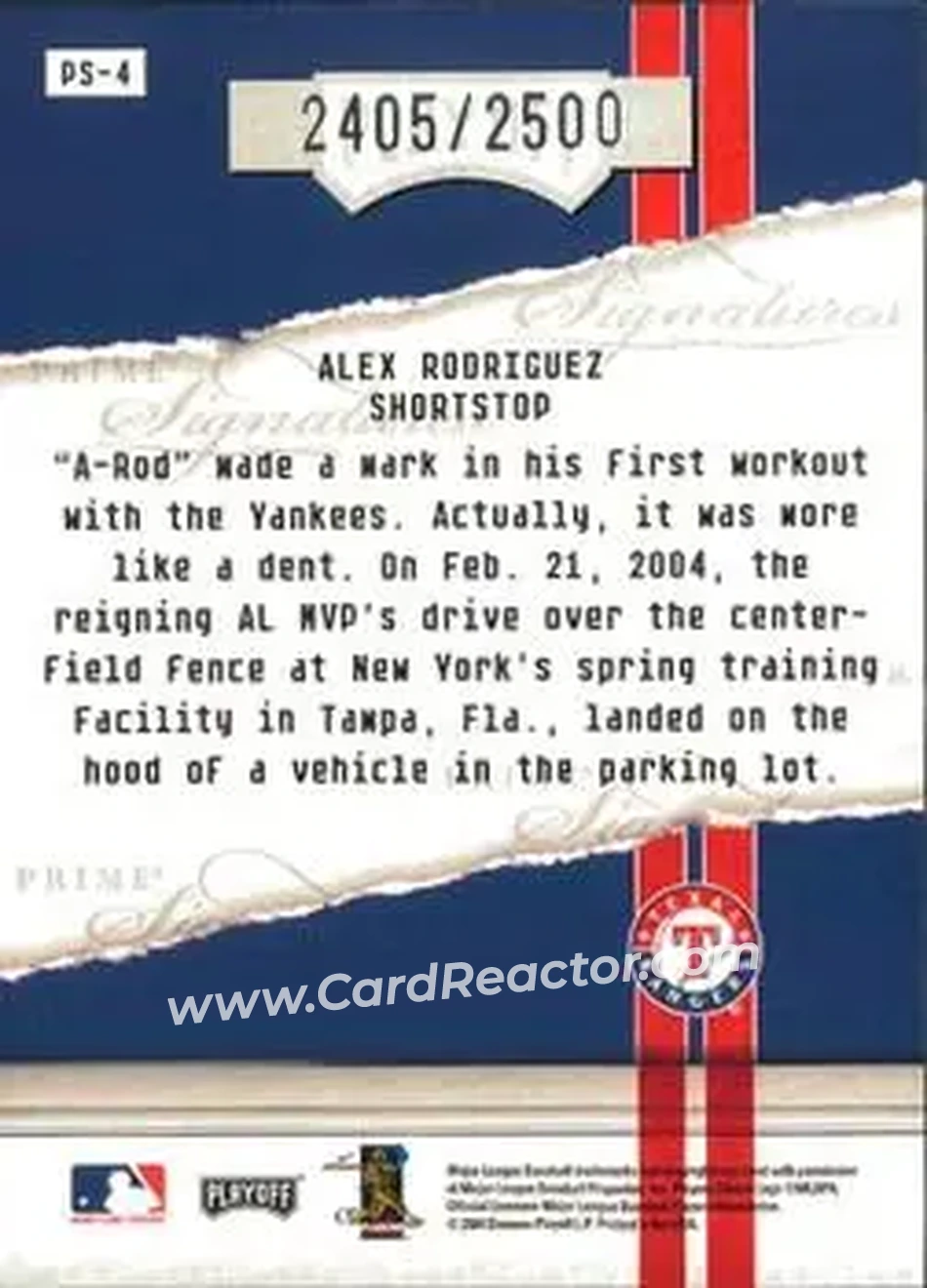 2004 Playoff Honors - Prime Signatures #PS-4 - Alex Rodriguez - Texas Rangers - Back
