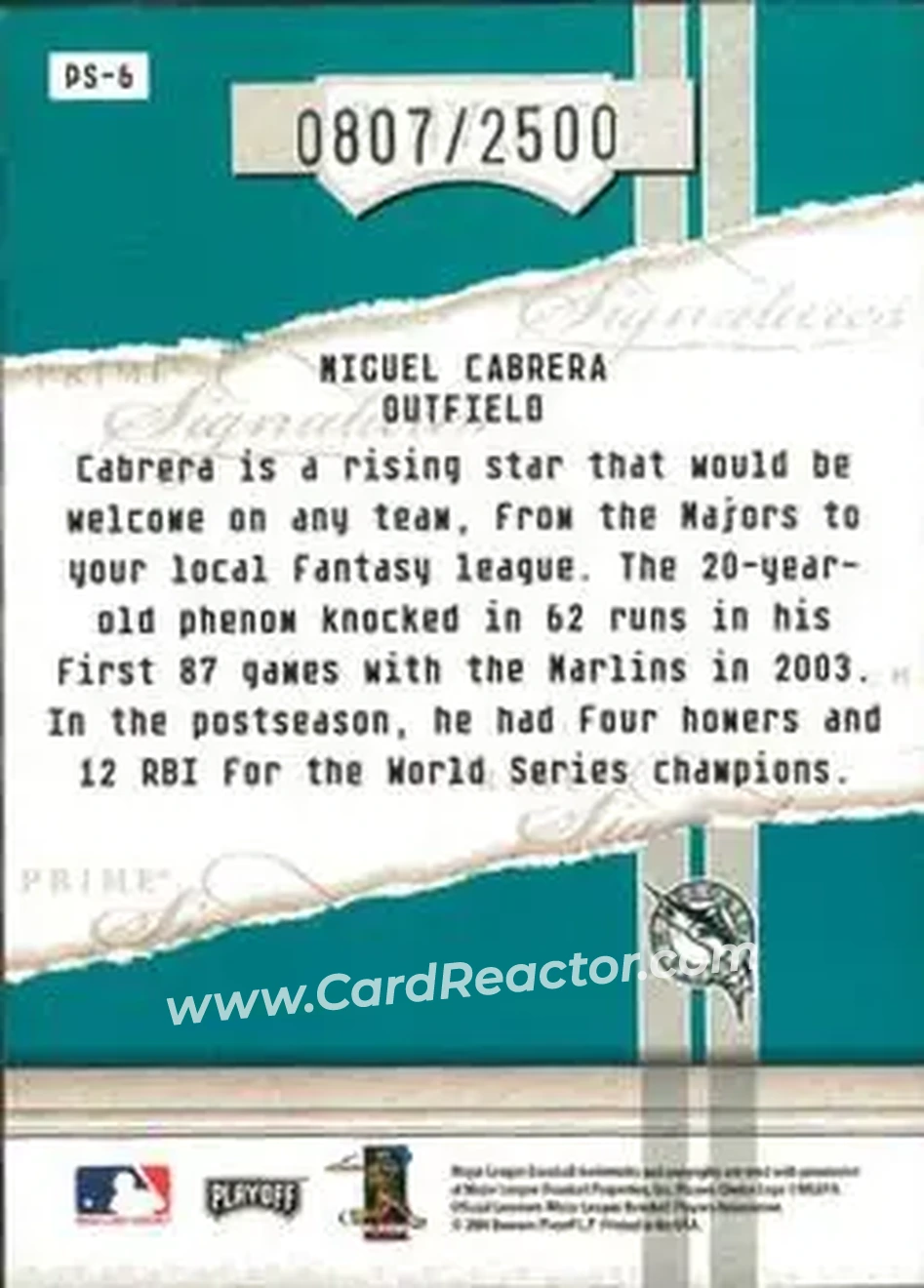 2004 Playoff Honors - Prime Signatures #PS-6 - Miguel Cabrera - Florida Marlins - Back