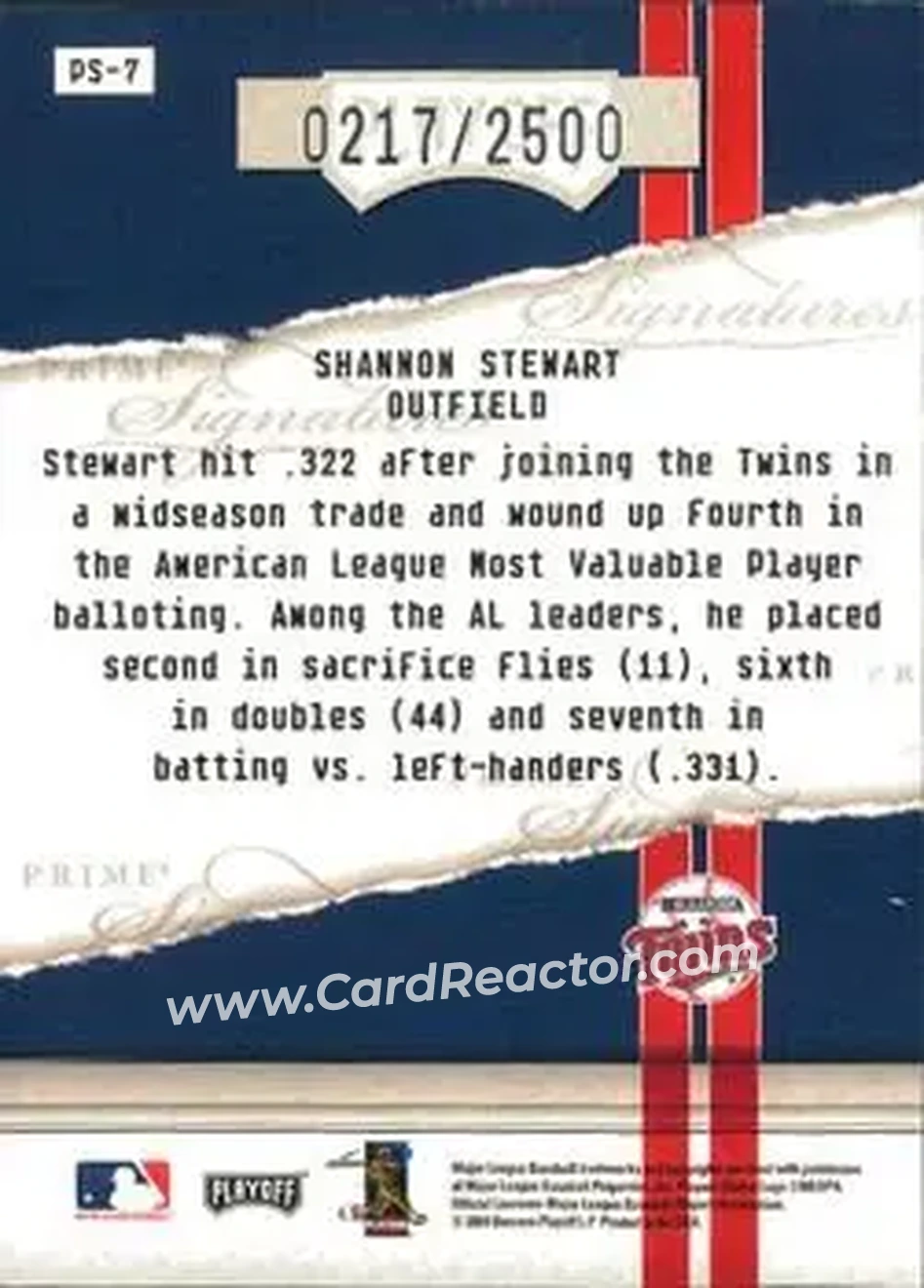 2004 Playoff Honors - Prime Signatures #PS-7 - Shannon Stewart - Minnesota Twins - Back 2004 Playoff Honors - Prime Signatures #PS-7 - Shannon Stewart - Minnesota Twins - Back