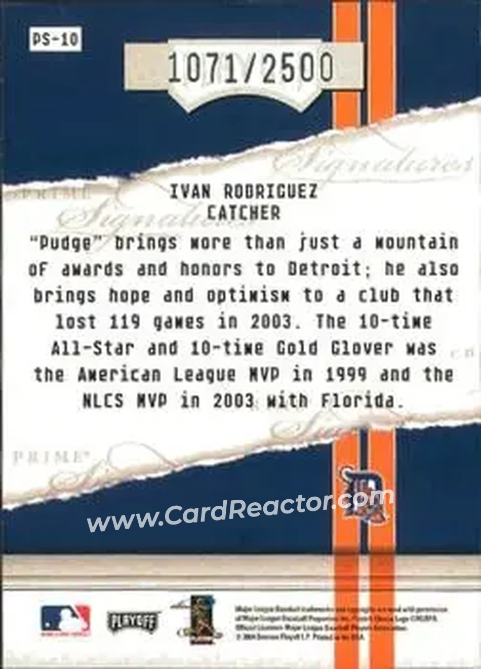 2004 Playoff Honors - Prime Signatures #PS-10 - Ivan Rodriguez - Detroit Tigers - Back