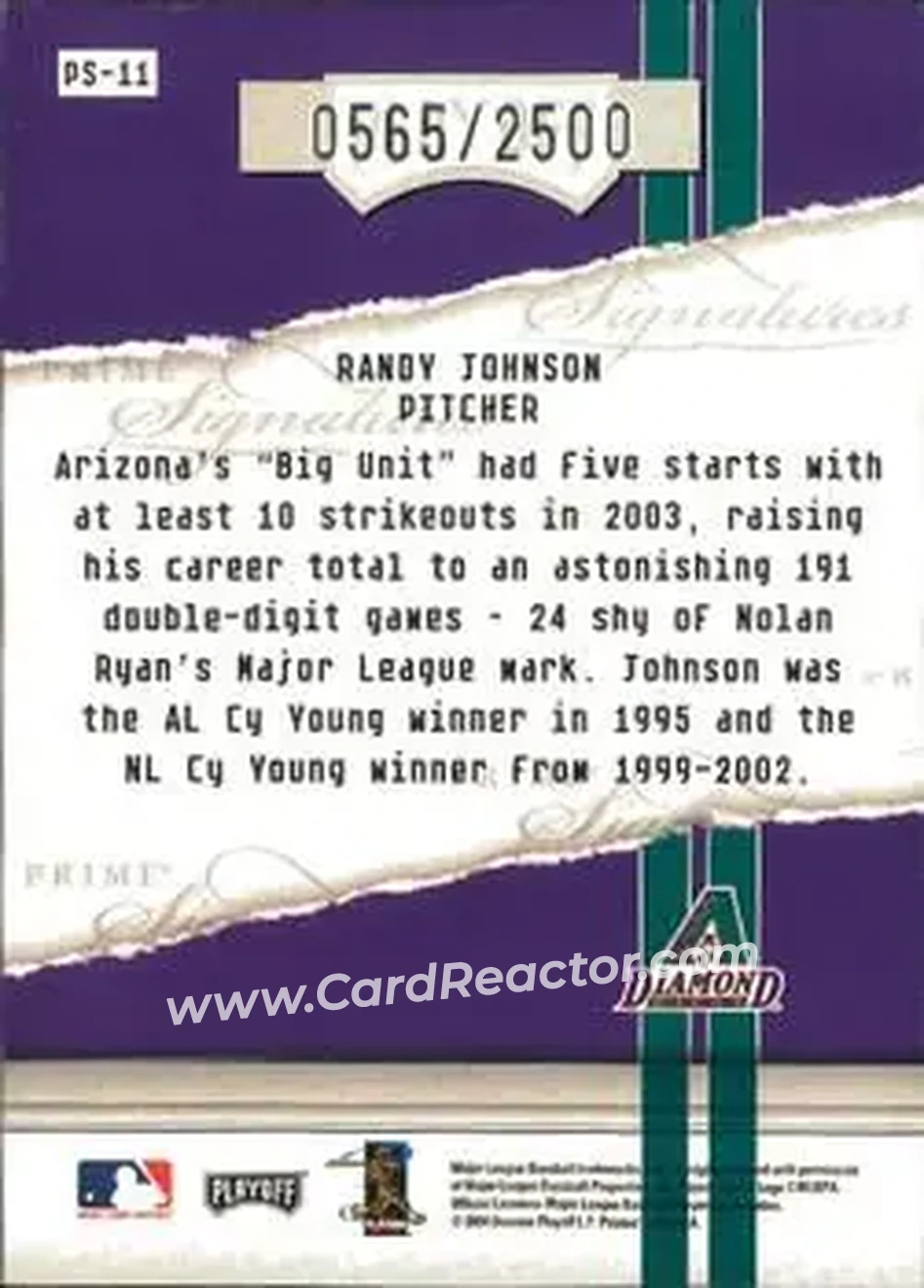 2004 Playoff Honors - Prime Signatures #PS-11 - Randy Johnson - Arizona Diamondbacks - Back