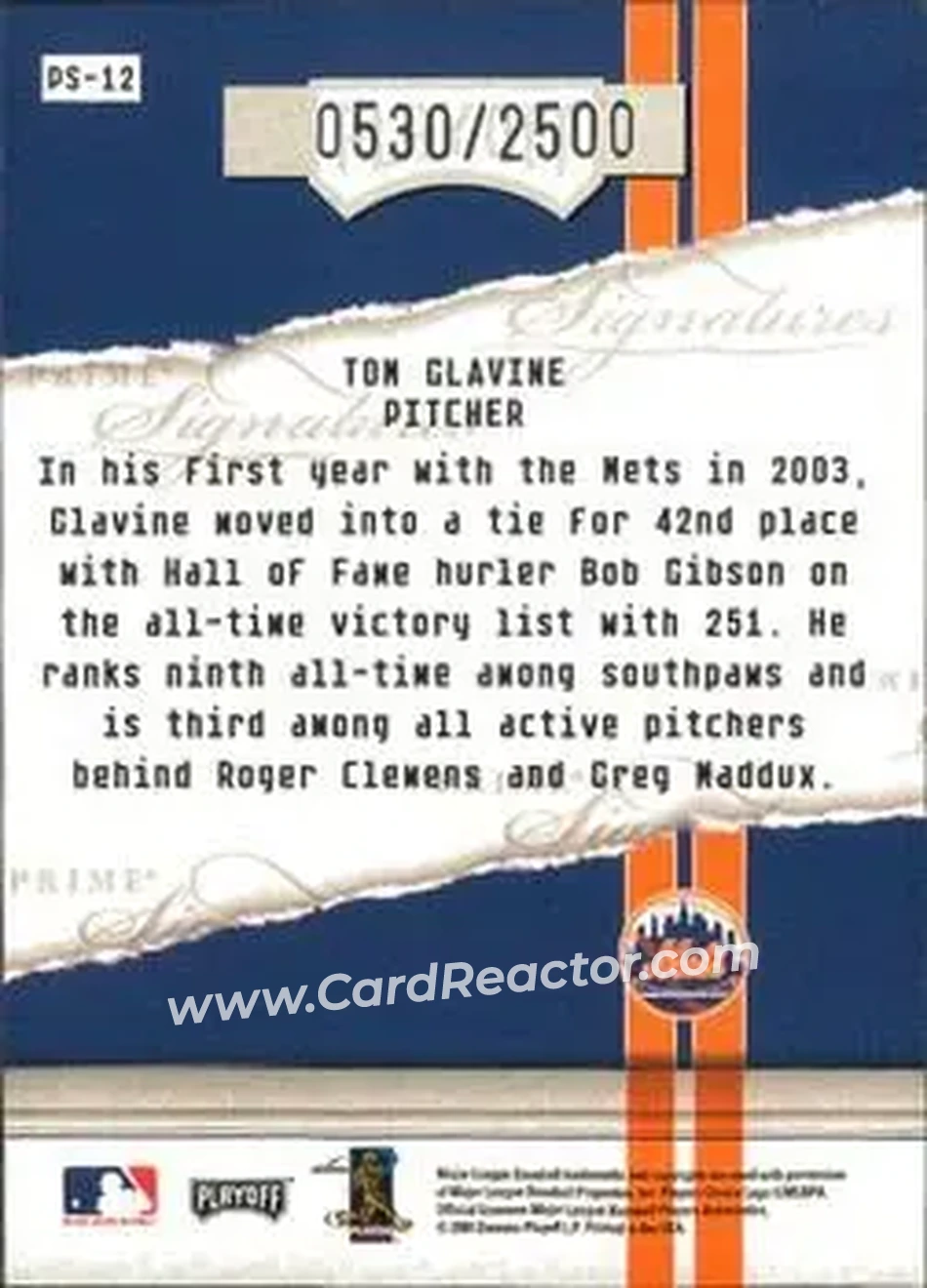 2004 Playoff Honors - Prime Signatures #PS-12 - Tom Glavine - New York Mets - Back
