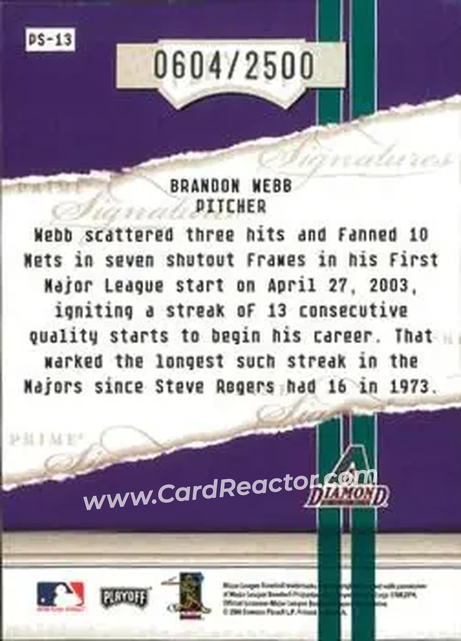 2004 Playoff Honors - Prime Signatures #PS-13 - Brandon Webb - Arizona Diamondbacks - Back