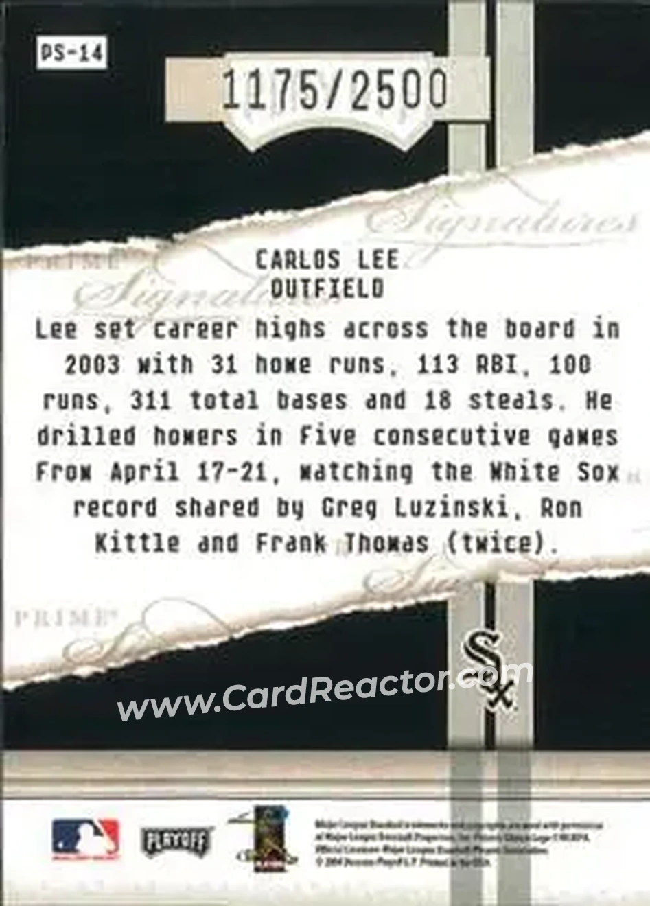 2004 Playoff Honors - Prime Signatures #PS-14 - Carlos Lee - Chicago White Sox - Back 2004 Playoff Honors - Prime Signatures #PS-14 - Carlos Lee - Chicago White Sox - Back