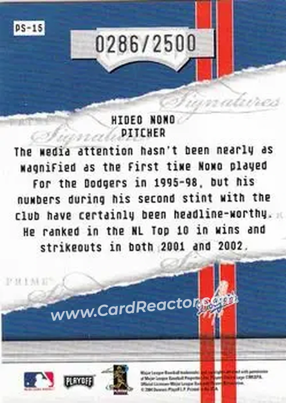 2004 Playoff Honors - Prime Signatures #PS-15 - Hideo Nomo - Los Angeles Dodgers - Back