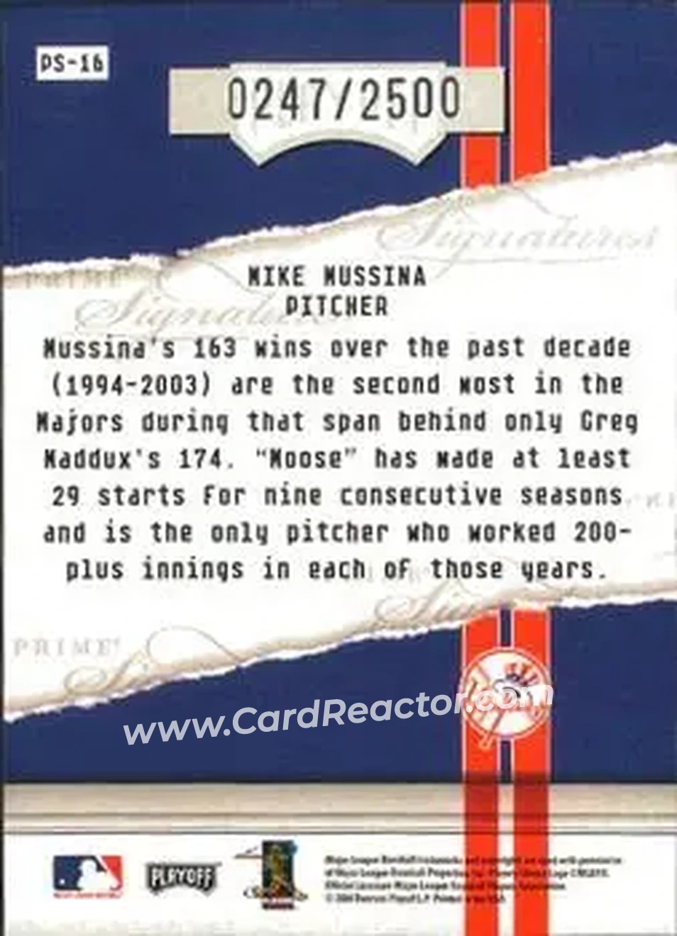 2004 Playoff Honors - Prime Signatures #PS-16 - Mike Mussina - New York Yankees - Back