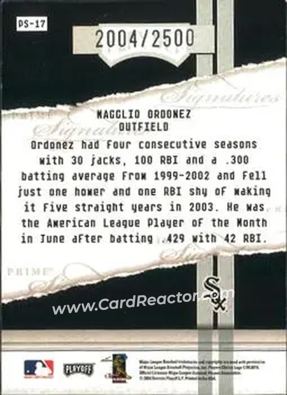 2004 Playoff Honors - Prime Signatures #PS-17 - Magglio Ordonez - Chicago White Sox - Back
