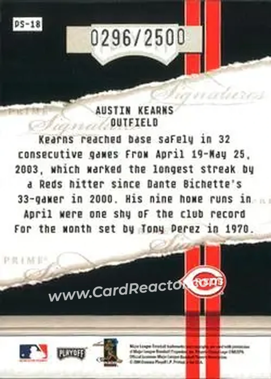 2004 Playoff Honors - Prime Signatures #PS-18 - Austin Kearns - Cincinnati Reds - Back