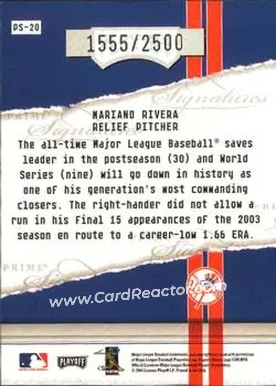 2004 Playoff Honors - Prime Signatures #PS-20 - Mariano Rivera - New York Yankees - Back