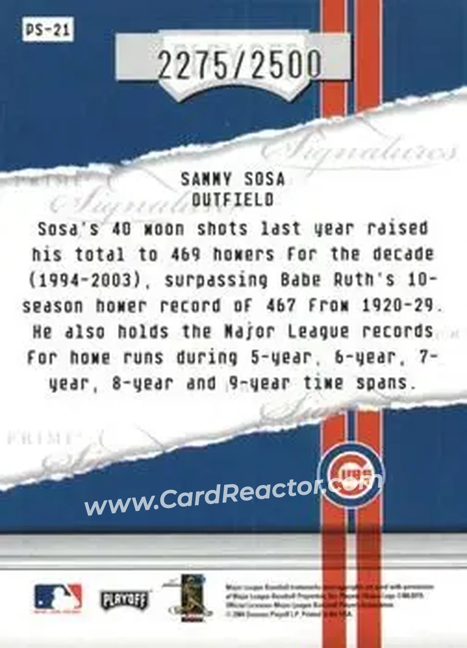 2004 Playoff Honors - Prime Signatures #PS-21 - Sammy Sosa - Chicago Cubs - Back