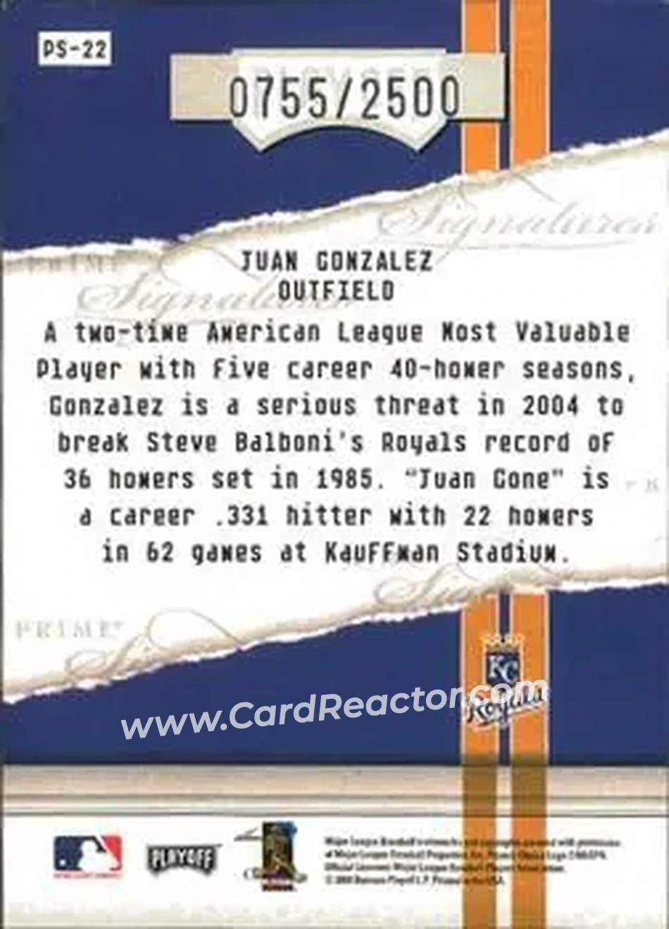 2004 Playoff Honors - Prime Signatures #PS-22 - Juan Gonzalez - Kansas City Royals - Back