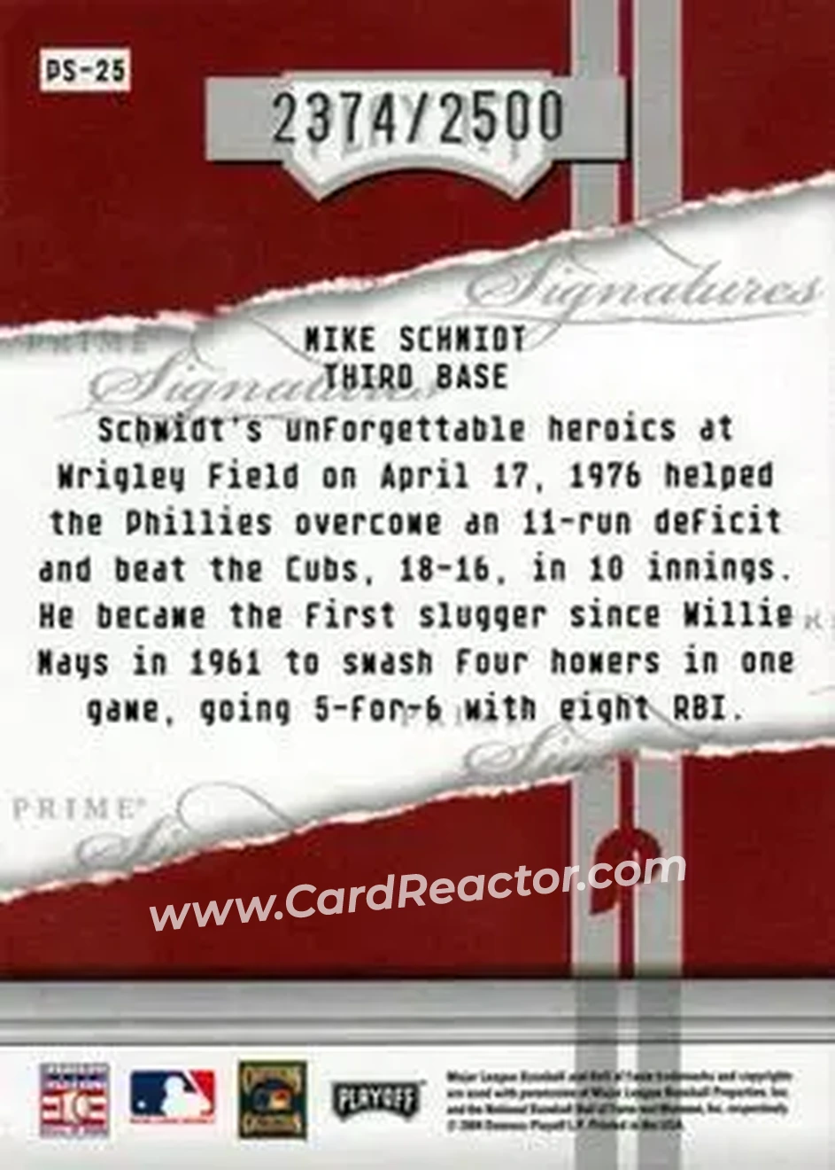 2004 Playoff Honors - Prime Signatures #PS-25 - Mike Schmidt - Philadelphia Phillies - Back