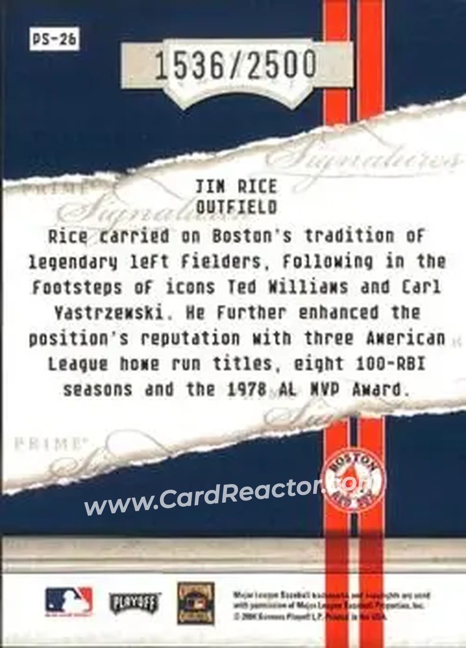2004 Playoff Honors - Prime Signatures #PS-26 - Jim Rice - Boston Red Sox - Back