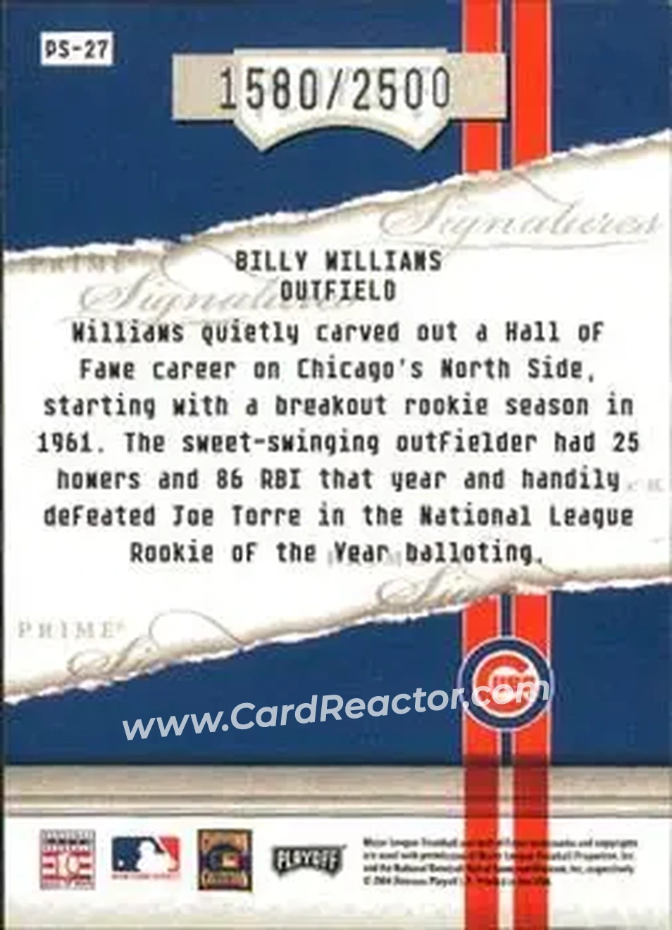 2004 Playoff Honors - Prime Signatures #PS-27 - Billy Williams - Chicago Cubs - Back 2004 Playoff Honors - Prime Signatures #PS-27 - Billy Williams - Chicago Cubs - Back