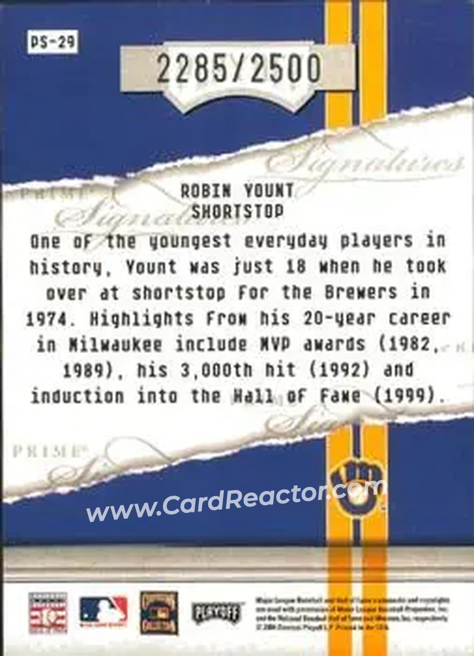 2004 Playoff Honors - Prime Signatures #PS-29 - Robin Yount - Milwaukee Brewers - Back