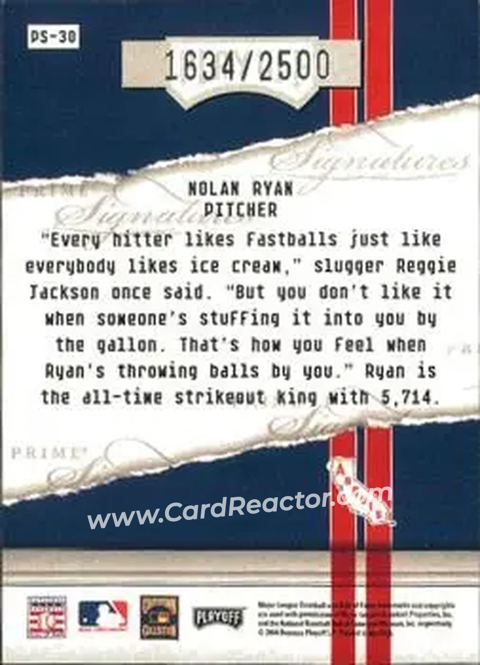 2004 Playoff Honors - Prime Signatures #PS-30 - Nolan Ryan - California Angels - Back