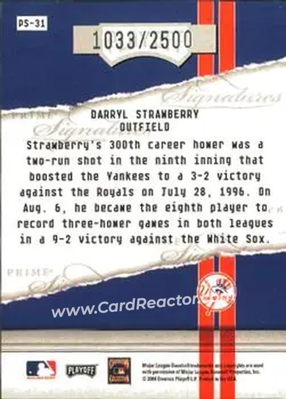 2004 Playoff Honors - Prime Signatures #PS-31 - Darryl Strawberry - New York Yankees - Back