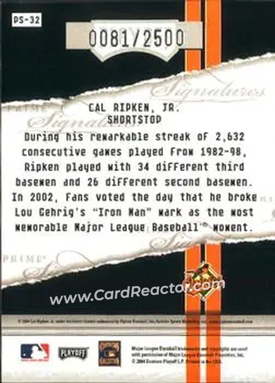 2004 Playoff Honors - Prime Signatures #PS-32 - Cal Ripken - Baltimore Orioles - Back