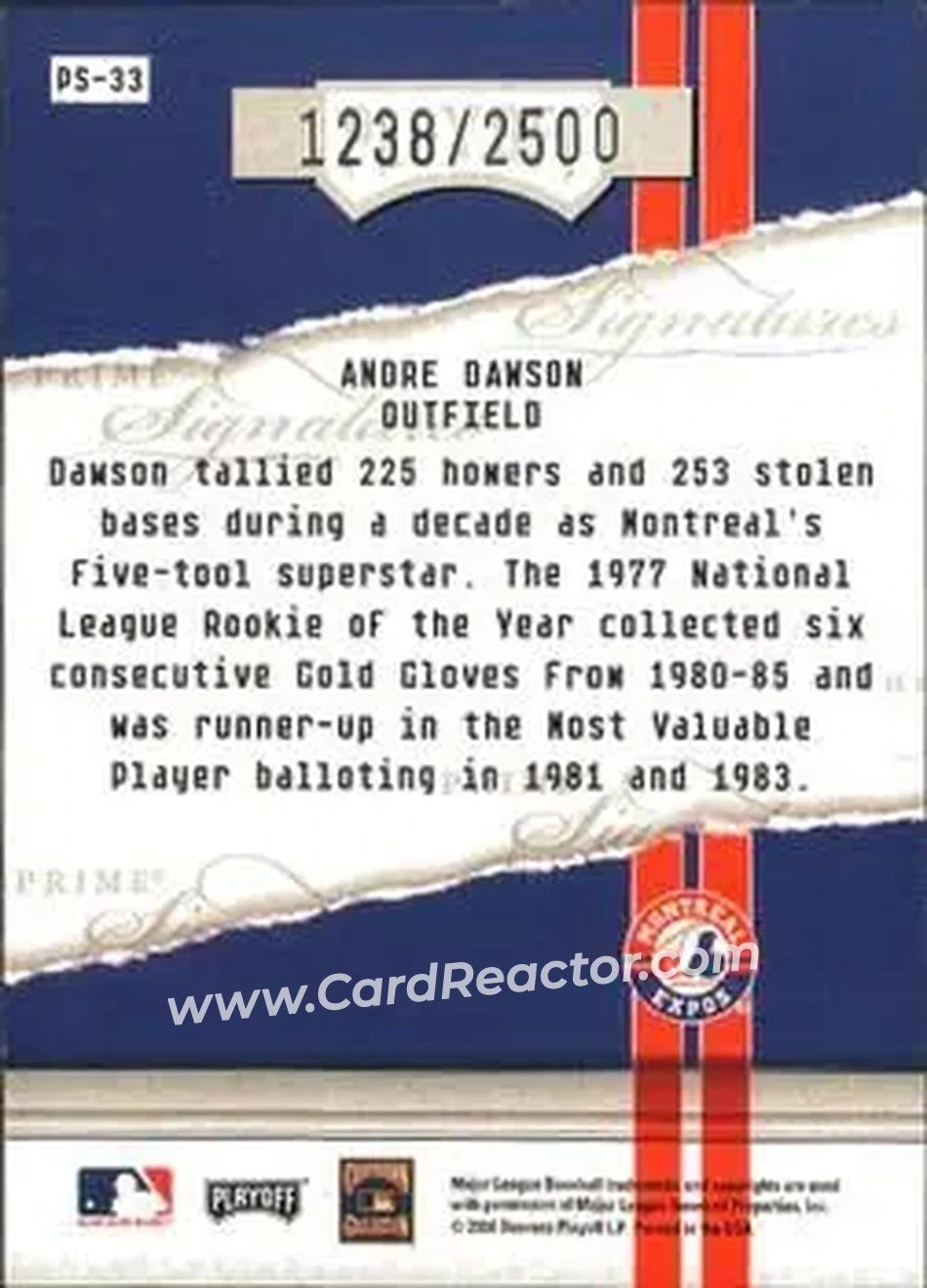 2004 Playoff Honors - Prime Signatures #PS-33 - Andre Dawson - Montreal Expos - Back