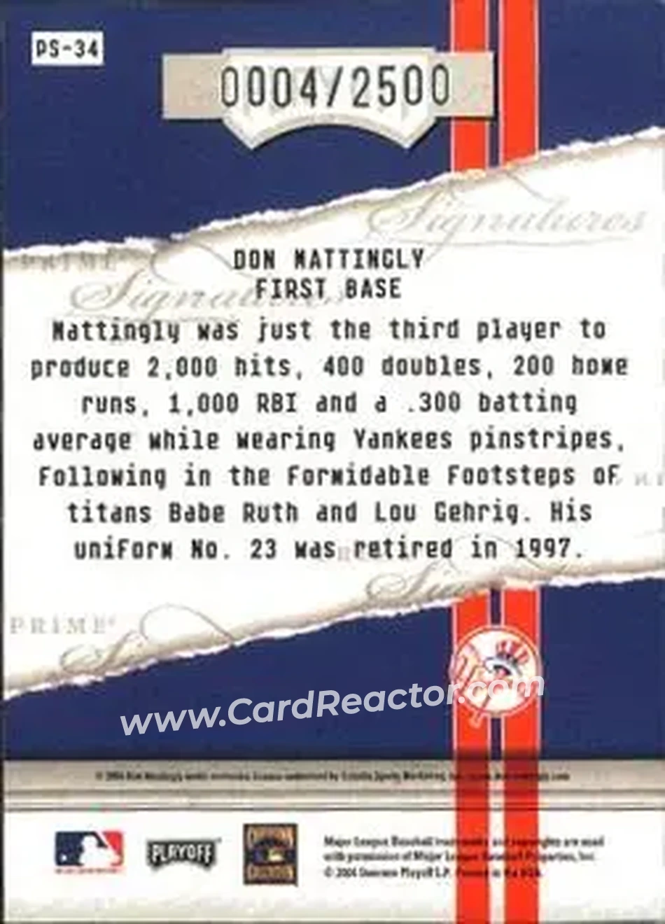 2004 Playoff Honors - Prime Signatures #PS-34 - Don Mattingly - New York Yankees - Back