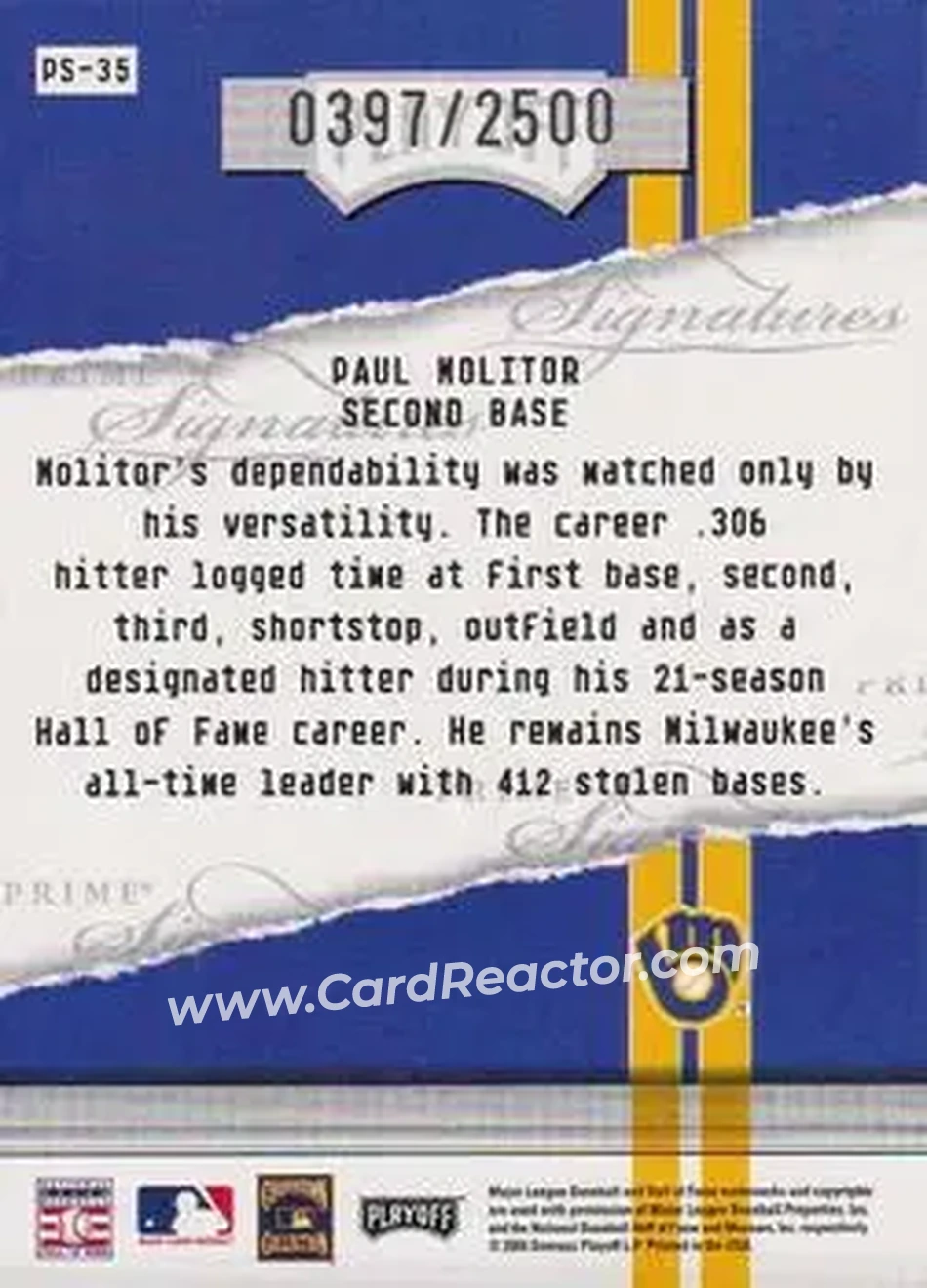 2004 Playoff Honors - Prime Signatures #PS-35 - Paul Molitor - Milwaukee Brewers - Back
