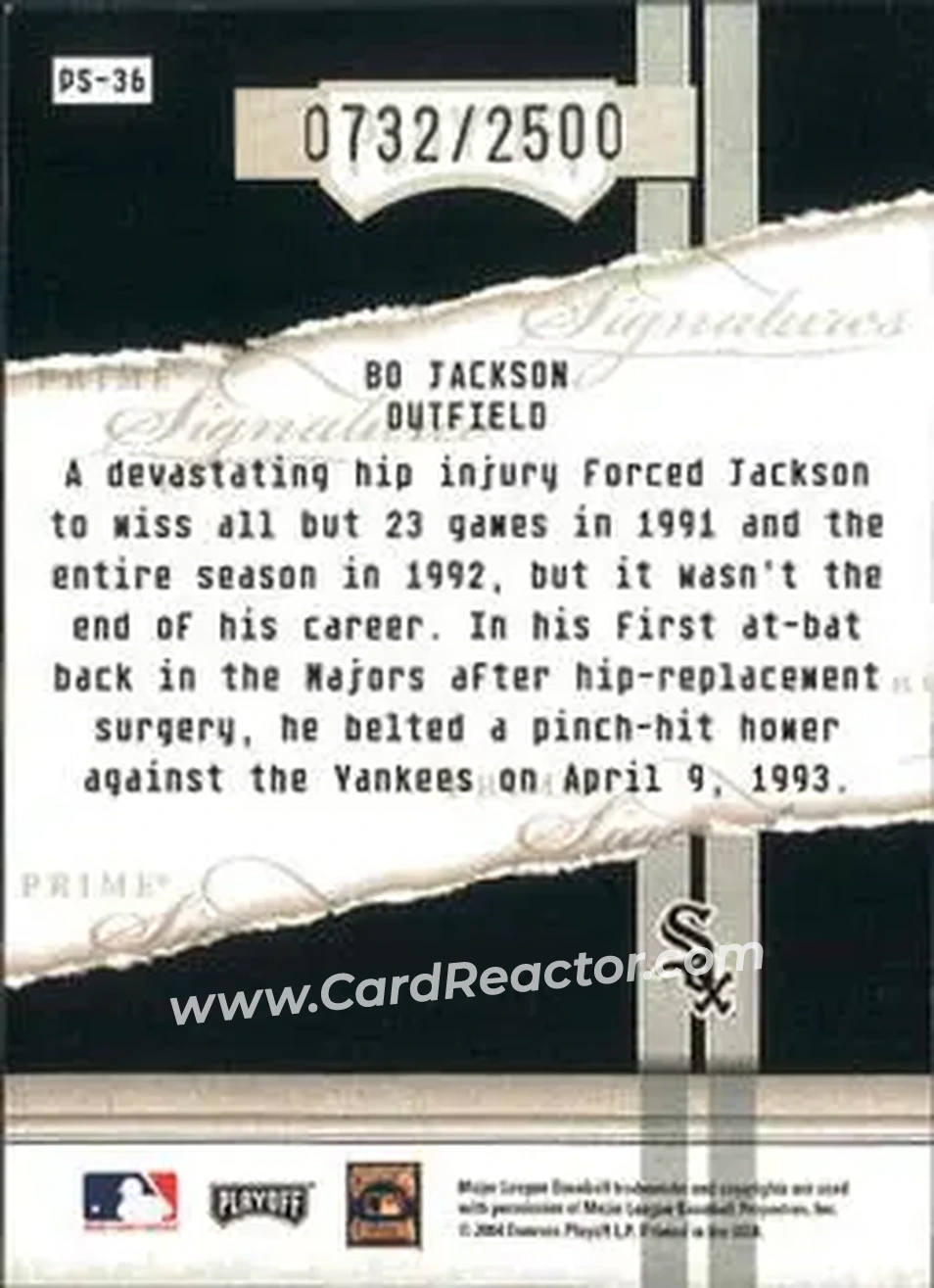 2004 Playoff Honors - Prime Signatures #PS-36 - Bo Jackson - Chicago White Sox - Back